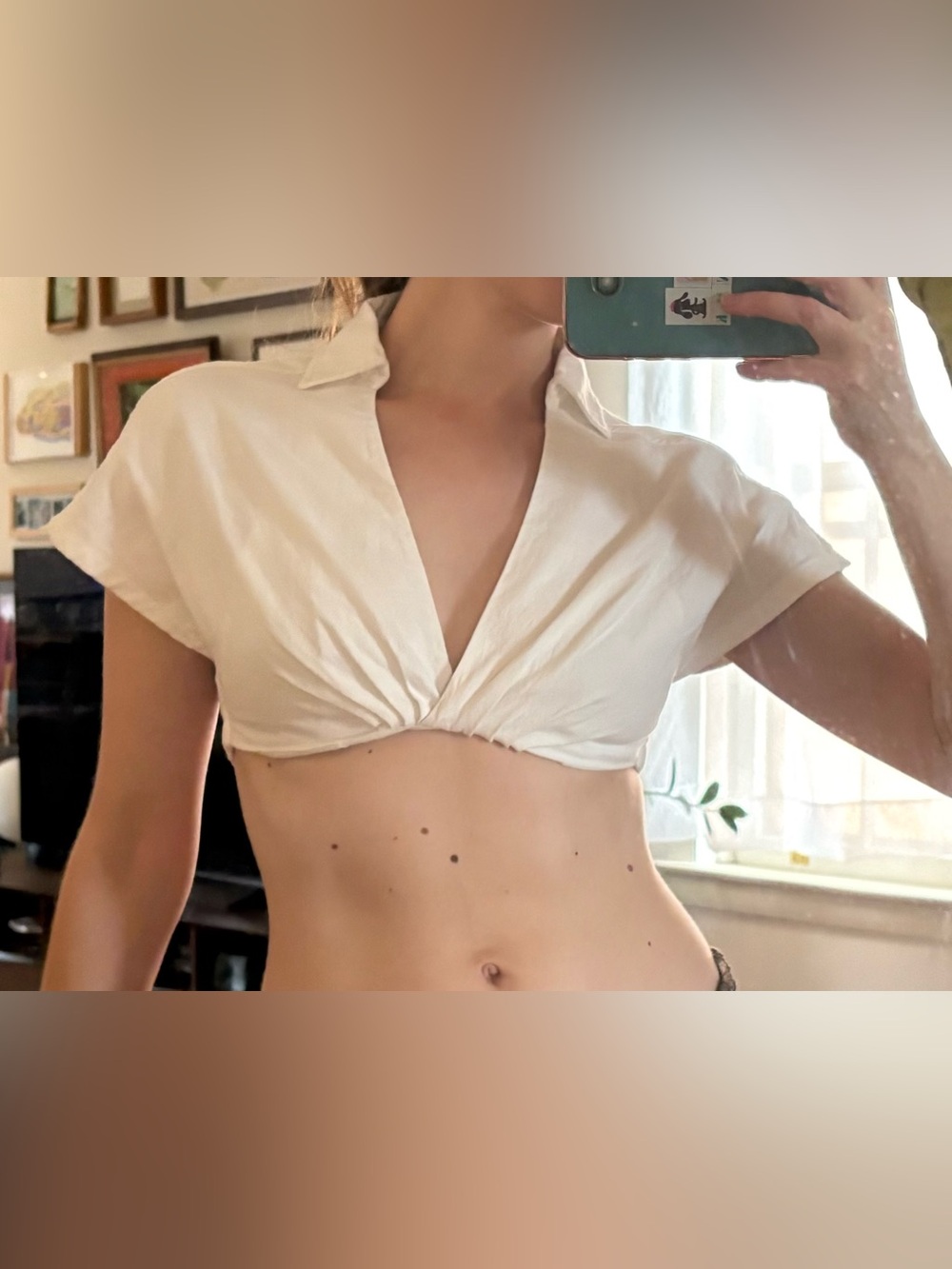 Bershka off-white Cropped Twist-Front Collared Top